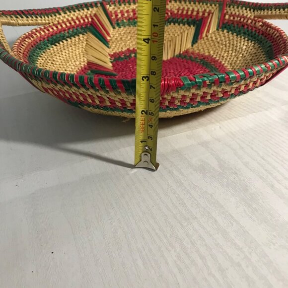 Handwoven Basket Woven Grass Red Green Beige Natural Dye Loop Handles 12" - Picture 5 of 7